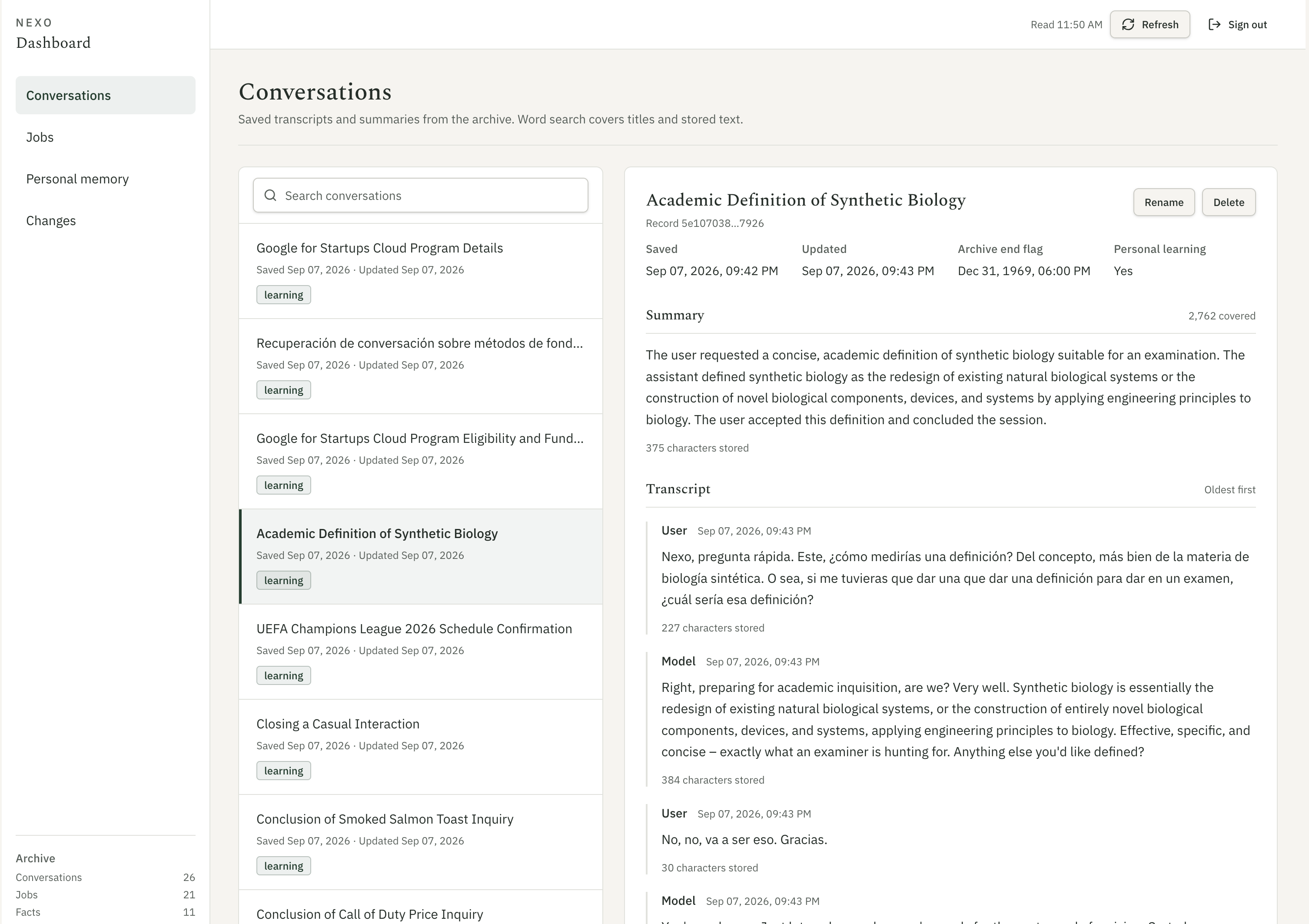 Dashboard conversation history with summaries, dates, and transcripts